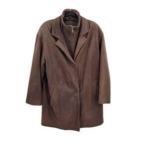 Vtg 80s Steampunk Leather‎ Flight Jacket M Unique Rare Classy Collar Long Brown